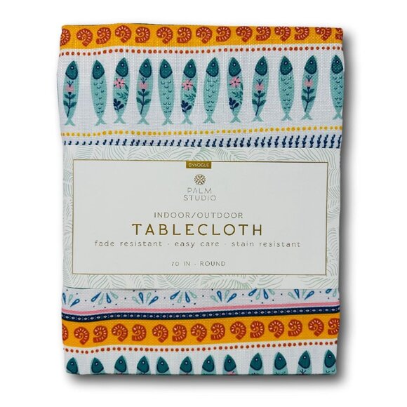 Palm Studio Indoor/Outdoor Tablecloth 70 In Round Fish Spiral Shell Easy Care - Picture 1 of 3